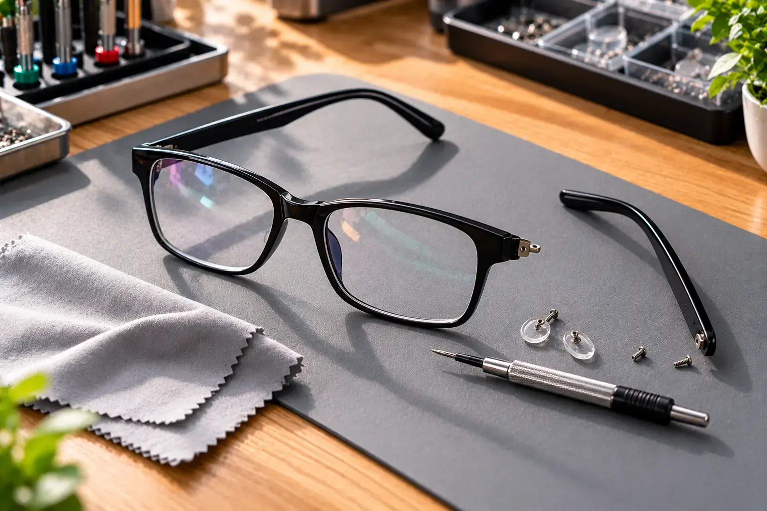 Black spectacles with a detached temple arm, spare nose pads, tiny screws and an optical screwdriver on a repair mat