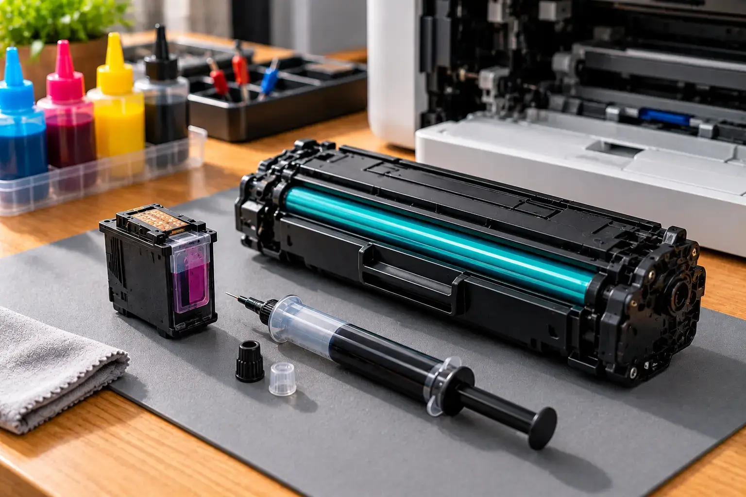 Ink cartridge, toner cartridge, refill syringe and coloured refill inks in front of an open office printer