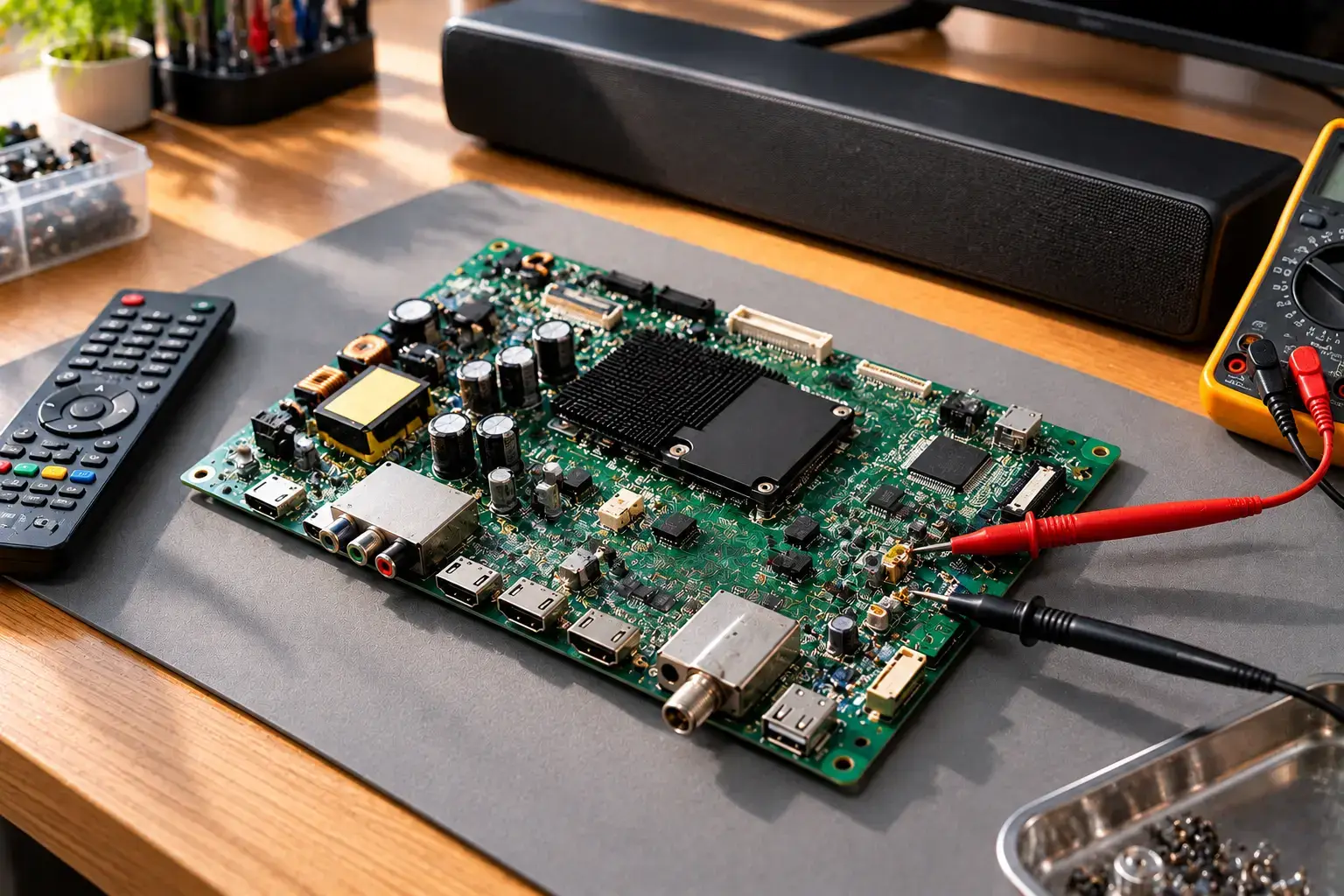 TV main circuit board being tested with multimeter probes, a TV remote and a soundbar on a repair counter