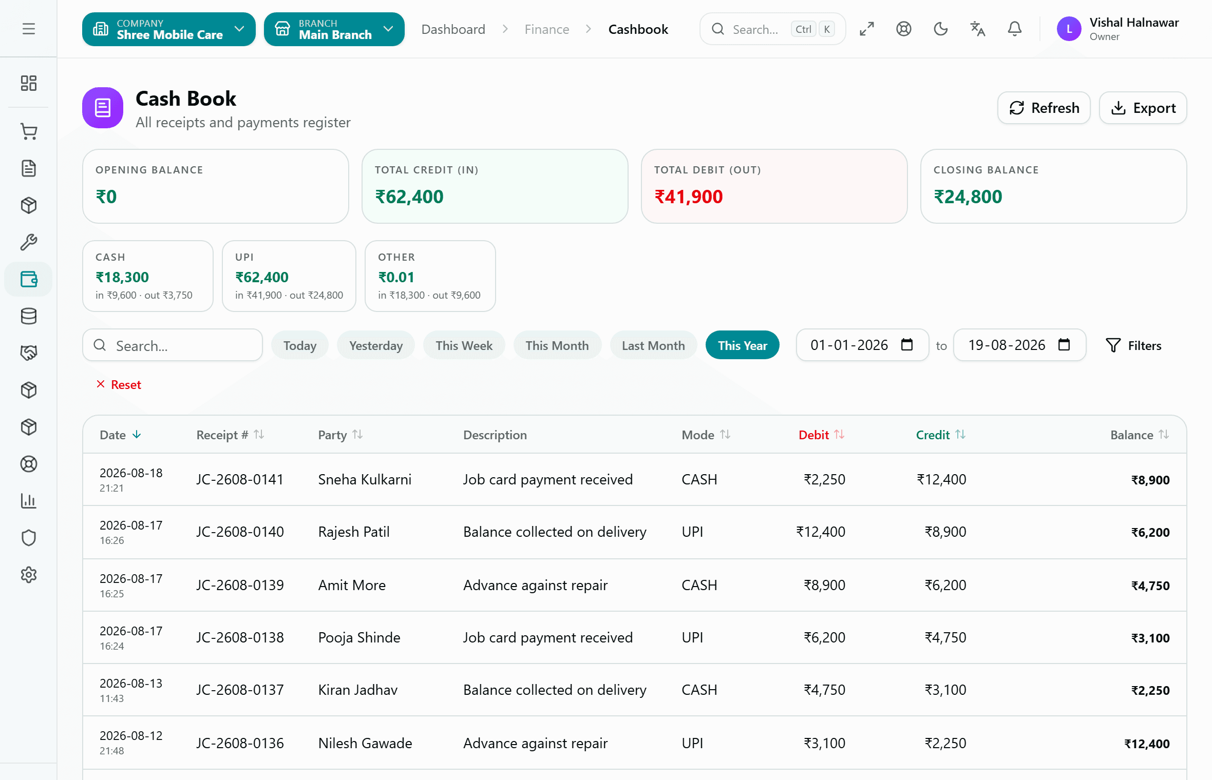 The Kiwikit Cash Book — every receipt and payment against its job card, with the running balance.