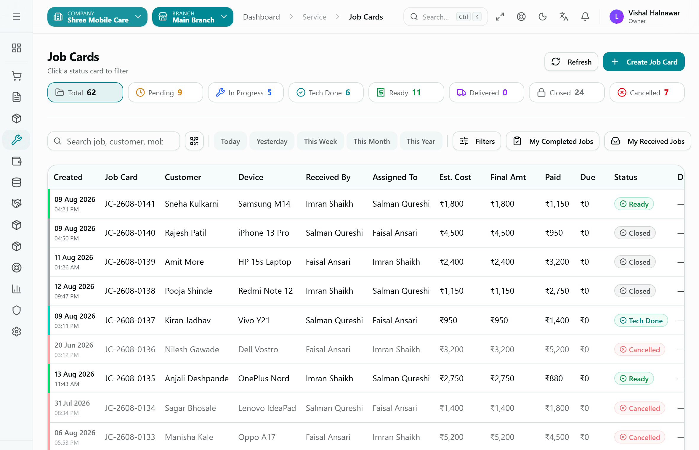The Kiwikit Job Cards screen — every repair with its customer, device, technician, amounts and status.