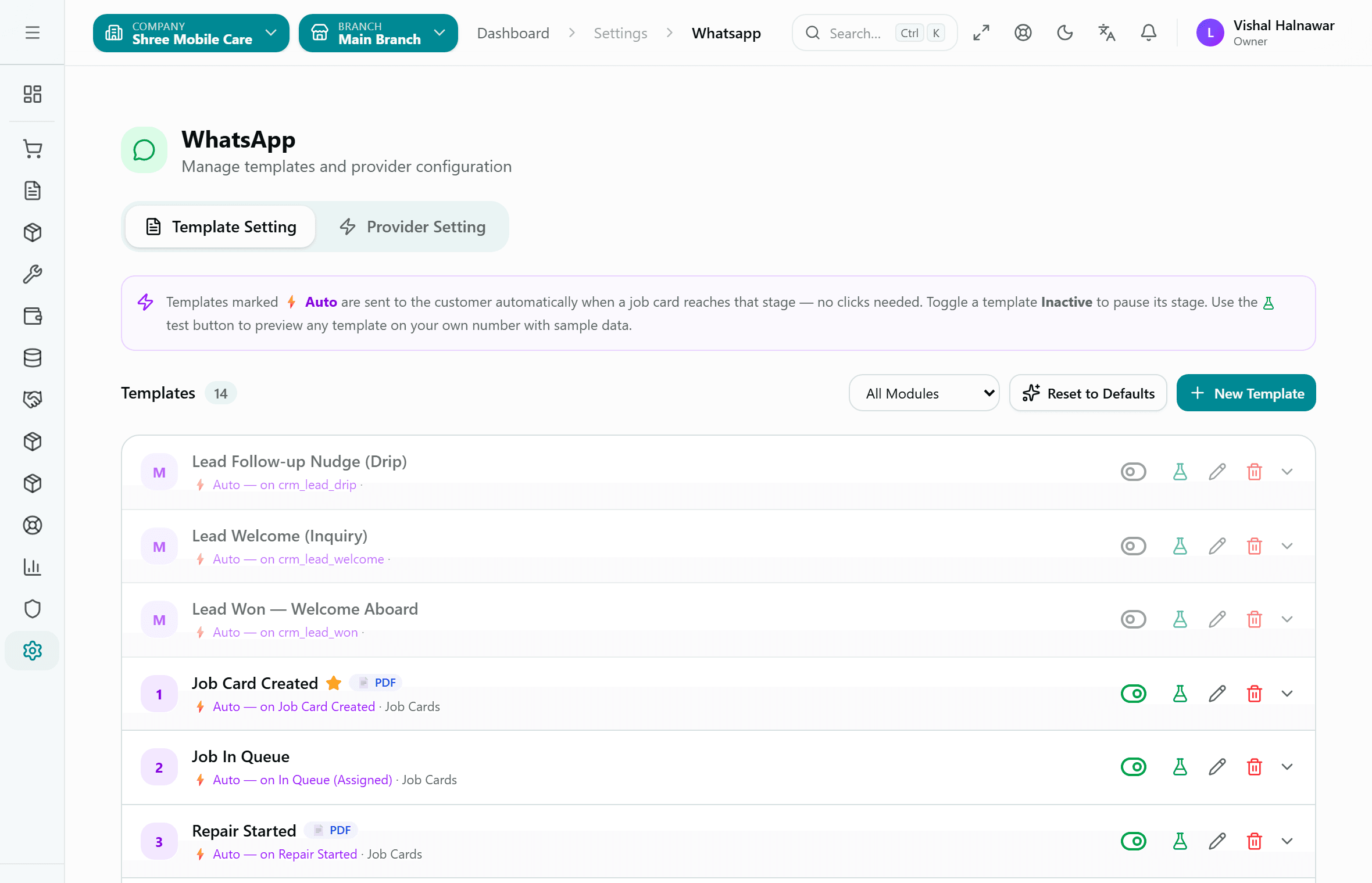Kiwikit WhatsApp templates — one automatic message for each stage a job card reaches.
